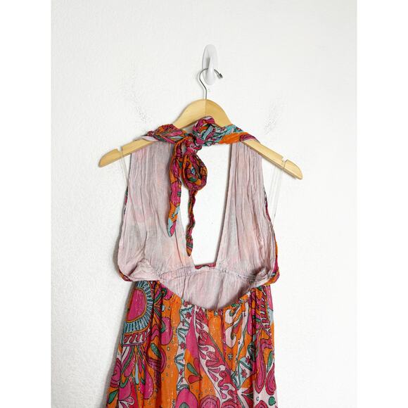 Sundress Amina Dress Size Large Fuchsia orange Print Halter Neck Asymmetric Hem - Picture 12 of 14
